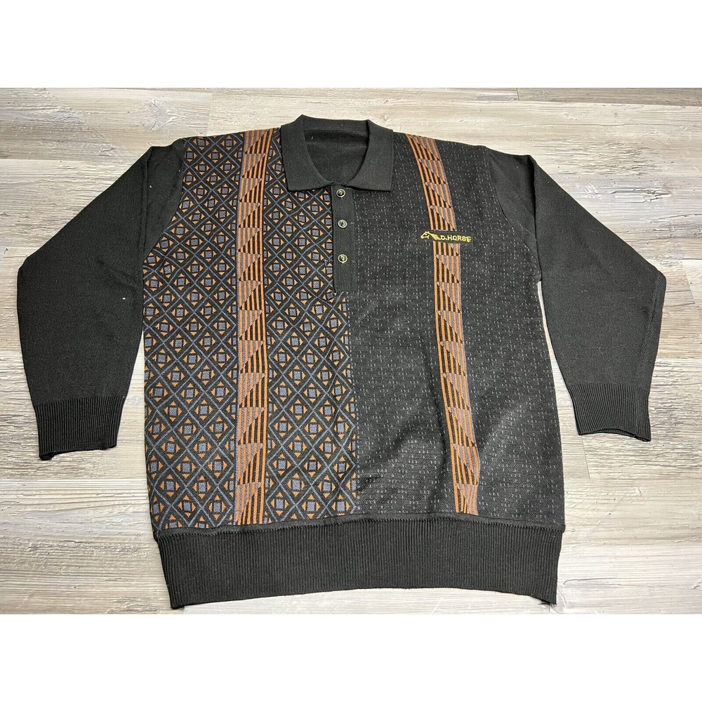 Vintage Sopranos Sweater Grandpa Polo Geometric Art‎ Deco Professor D Horse L